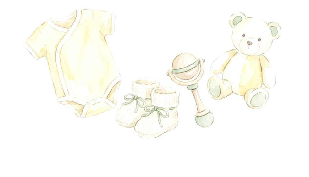 Watercolour of a yellow onesie, knitted booties, a rattle and a teddy bear